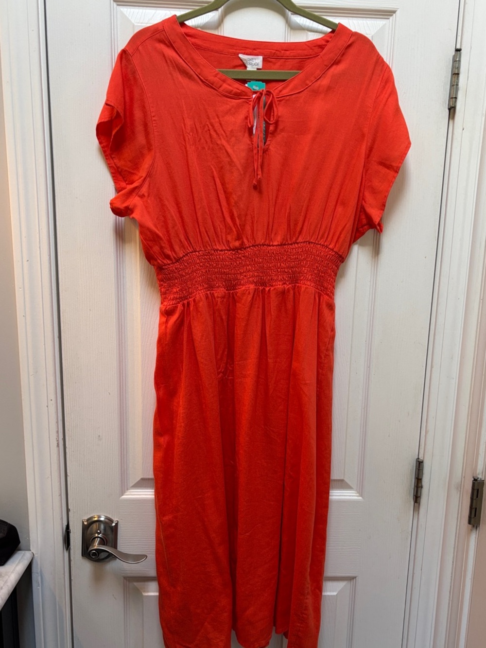 Market & Spruce Coral Tie-Neck Smocked-Waist Midi Dress